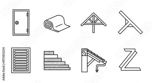 Collection of construction and home improvement icons featuring doors, insulation, roofing trusses, stairs, and vents