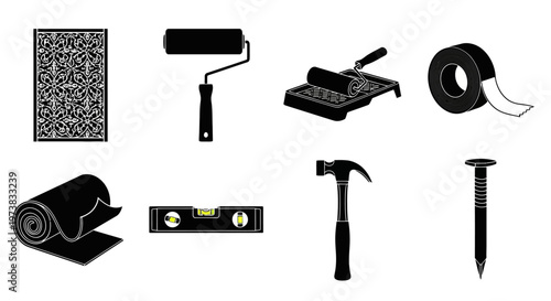 Versatile collection of essential monochrome icons for home improvement, construction, and DIY projects, featuring various tools and building materials