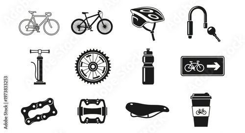 Comprehensive collection of essential bicycle equipment, accessories, and gear icons for cycling enthusiasts and active outdoor lifestyle designs