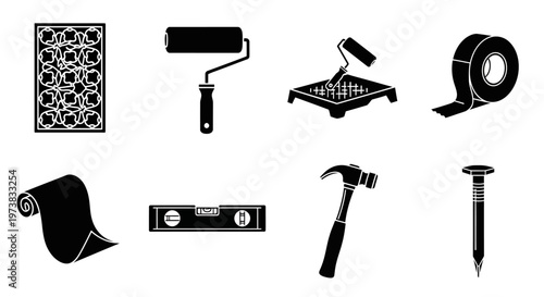 A comprehensive collection of essential tools for various home renovation and construction projects, featuring silhouettes of items like paint rollers, hammers, and spirit levels for DIY 