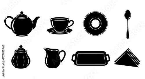 Collection of black icons representing various tea and coffee service items, including a teapot, cup, saucer, sugar bowl, creamer, tray, and napkins, ideal for culinary or hospitality themes