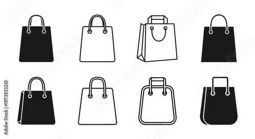 Collection of diverse shopping bag icons, showcasing a variety of styles and designs for retail and e-commerce