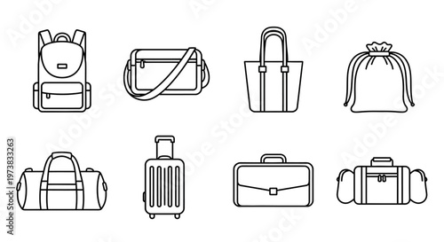 Diverse line art vector collection of essential bags and luggage, featuring backpacks, handbags, suitcases, briefcases, and duffel bags, offering practical and stylish solutions for travel, business, 