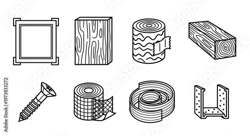 Set of construction materials and hardware elements in black and white isometric drawings