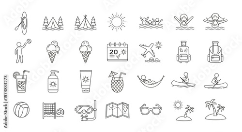 Explore the Outdoors A Dynamic Collection of Summer Vacation Activity Line Icons for Travel and Leisure – Featuring Outdoor Adventures and Holiday Fun Vector Graphics