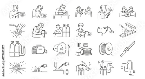 Collection of Line Art Icons Representing Welding and Metalworking Processes and Equipment
