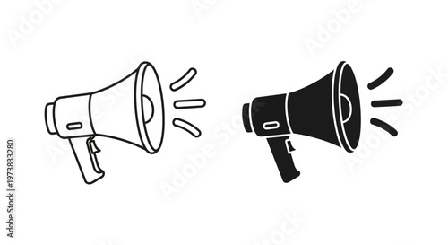 Vector graphic set of megaphone icons in outline and solid fill styles, ideal for communicating public announcements, marketing campaigns, and important message concepts requiring attention