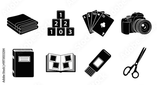 Assortment of Monochrome Icons for Household, Leisure Activities, and Personal Interests