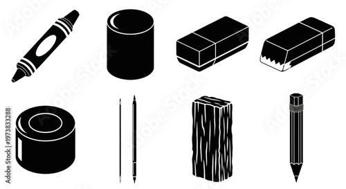 Collection of school and art supplies depicted in black and white silhouette, including crayons, pencils, erasers, and more for educational and creative purposes