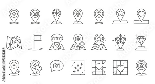 Collection of Location and Navigation Icons, Including Maps, Pins, Flags, and Stars for Travel and Exploration Themes