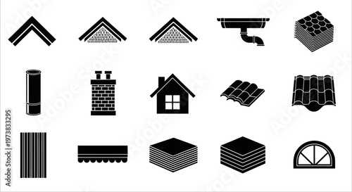 Collection of isometric building roof elements and architectural components for design
