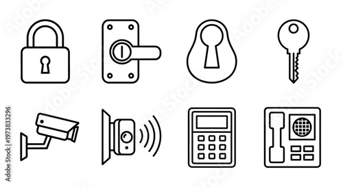 Collection of Outline Icons Representing Home Security and Access Control Systems, Featuring Padlocks, Keys, Cameras, and Various Entry Devices