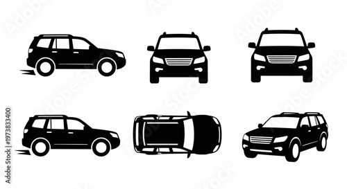 Versatile set of black SUV car icons, showcasing multiple perspectives like side, front, and top views, perfect for automotive design and transport illustrations
