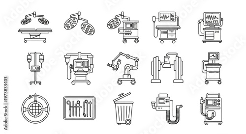 Collection of Medical Equipment Icons, Featuring Surgical Tools, Diagnostic Devices, and Hospital Furniture for Healthcare