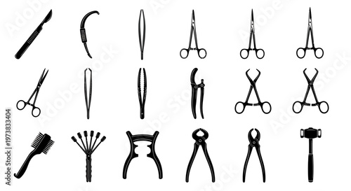 Set of black silhouette medical and surgical instruments vector illustration, featuring essential tools like scalpels, forceps, clamps, and scissors for various healthcare applications