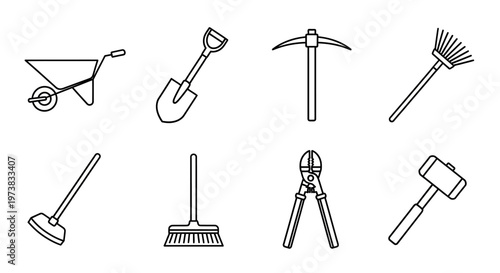 Set of eight garden and household tools, including a wheelbarrow, shovel, pickaxe, rake, plunger, broom, shears, and hammer, depicted in a minimalist line art style