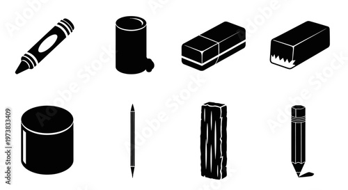 Diverse Collection of Everyday Classroom and Office Stationery Items, Including Pencils, Crayons, and Erasers for Creative Endeavors