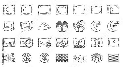 Vector Line Art Icons for Sleep Comfort and Pillow Hygiene. Modern Linear Pictograms for Restful Nights and a Healthy Bedding Environment