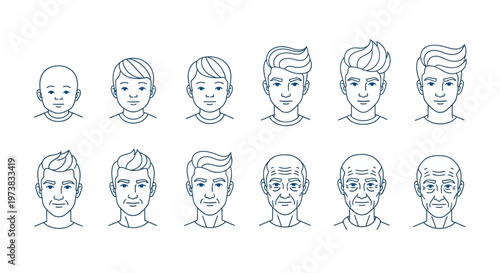 Linear Progression of Male Human Aging A Comprehensive Visual Timeline Illustrating Life Stages from Infancy to Seniority with Facial Changes