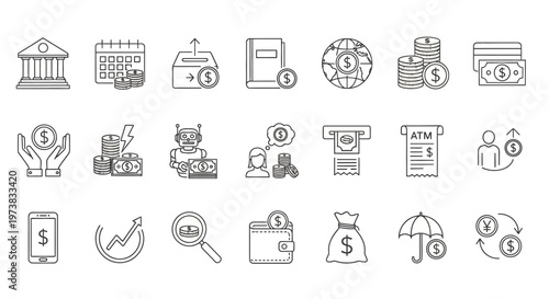 Collection of Financial Icons Illustrating Banking, Savings, Investment, and Digital Transactions