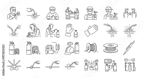 Collection of line art icons and illustrations depicting welding processes, tools, and safety equipment for industrial and technical applications