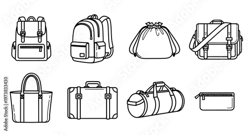 Collection of various luggage and bags, including backpacks, duffel bags, suitcases, and tote bags, presented in a clean line art style
