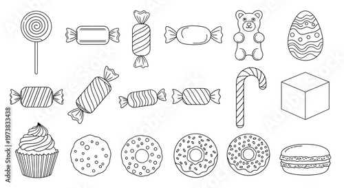 A delightful assortment of line art illustrations featuring popular candies, pastries, and sweet desserts in a clean, black and white style