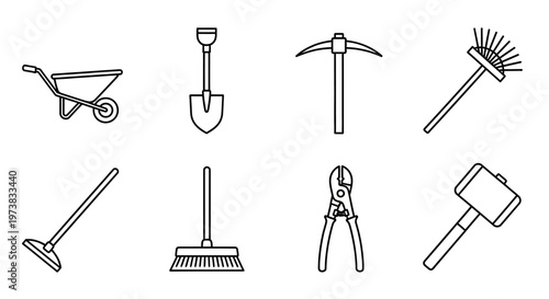 Line art collection of essential gardening and construction hand tools, including shovel, rake, wheelbarrow, and pickaxe, for various outdoor work and home improvement projects