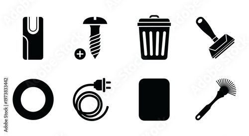 Collection of Hardware and Cleaning Icons Including Tools, Waste Bin, Electric Plug, and Brush