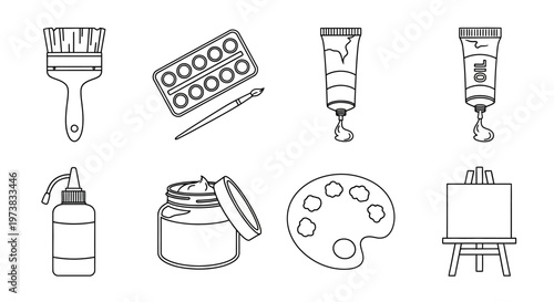 A collection of art supplies and tools for painting, including brushes, paints, palette, easel, and canvas, representing creativity and artistic expression