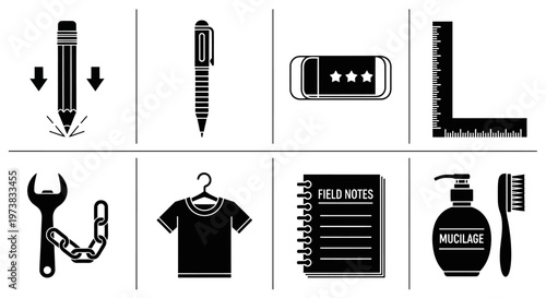 Collection of black and white icons representing tools, clothing, stationery, and personal care items on a white background