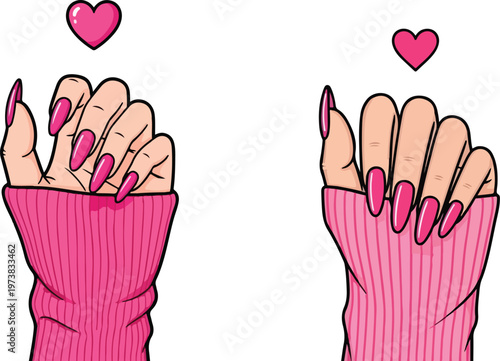 Pink nails, manicured hands, heart accents, fashion illustration, beauty elements