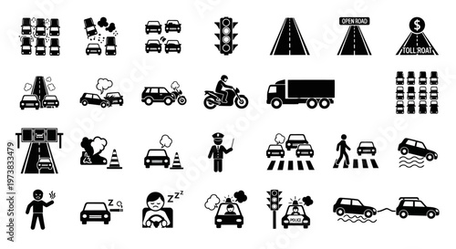 Essential monochrome icons for traffic rules, road safety, driving situations, and vehicle-related incidents, ideal for transportation and automotive design