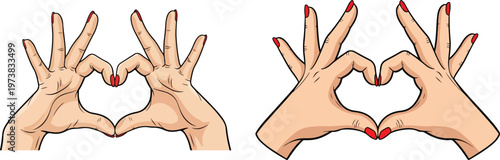 Love symbol, hand gesture, heart shape, red nails, vector icons