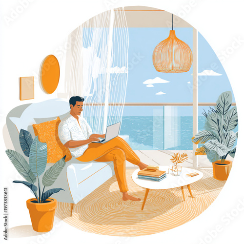 Relaxed Man Working on Laptop in Modern Living Room with Ocean View For Remote Work Concepts