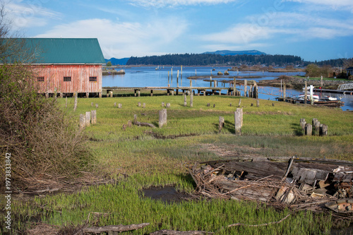 Boathouse along the Samish River Estuary. Seen on the Bayview Edison Rd in Bow, Washington. A beautiful setting near the Samish Bay and Samish Island in Skagit County.