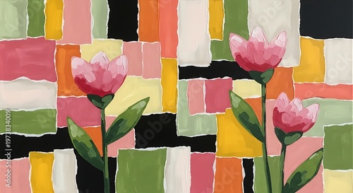Artistic floral composition with three pink tulips, set against a colorful, textured mosaic background