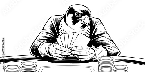 Falcon Head Poker Player Holding Cards at Casino Table with Chips, Black Ink Mascot Illustration on Transparent Background