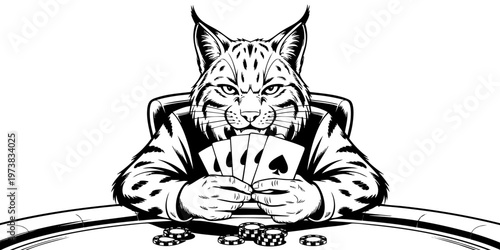 Fierce lynx poker player holding cards at casino table, bold black mascot illustration with chips and transparent background