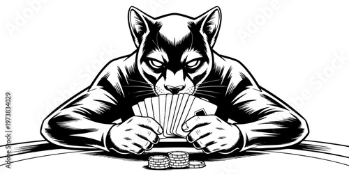 Intense Cat Poker Player Holding Cards and Chips in Bold Black Vintage Vector Illustration Isolated on Transparent