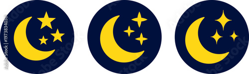 Three crescent moon icons with varying star patterns in a dark circular background