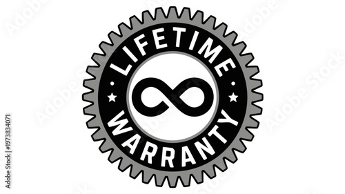 Lifetime Warranty Badge with Infinity Symbol in Gear Seal Design, Black and Gray Guarantee Emblem Isolated on Transparent