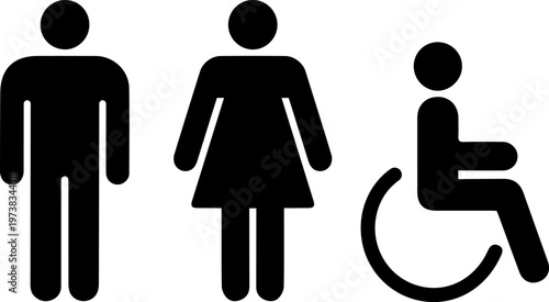 Public restroom signs including accessible facility symbol