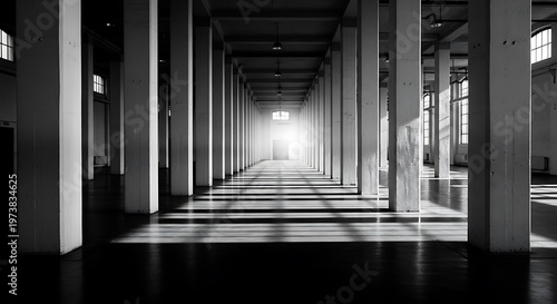Black and white long hall with pillars and light at the end, shadows cast across floor