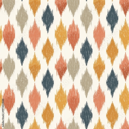 Seamless Pattern Boho Ikat Textile with Arrow Shapes and Blurred Diamonds in Earthy Tones