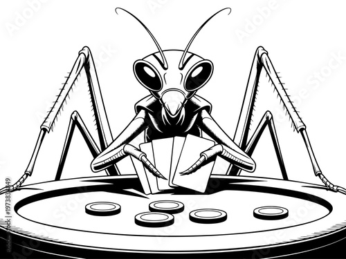 Surreal praying mantis playing poker at casino table, detailed insect illustration in black line art on transparent background