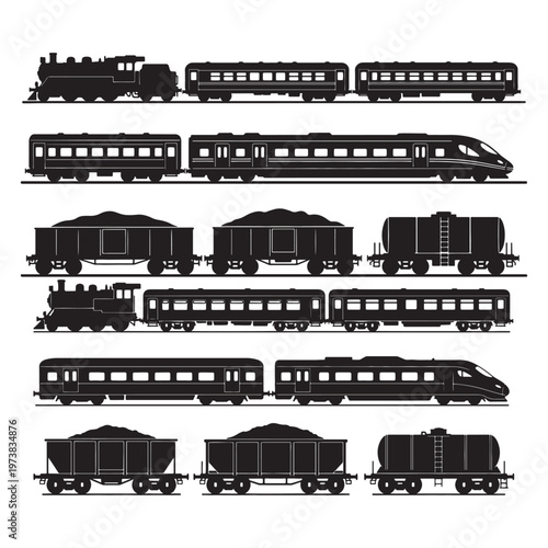 Vintage Steam and Modern High-Speed Train Silhouettes: Passenger and Freight Railway Icons Set