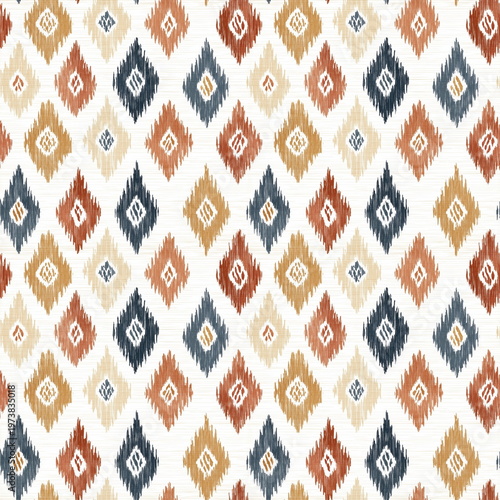 Seamless Pattern Boho Ikat Textile with Medallions and Arrow Motifs in Earthy Tones