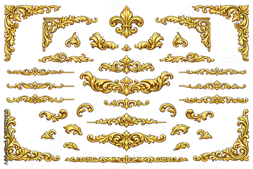Ornate Gold Baroque Flourish Set With Corners, Dividers and Decorative Elements