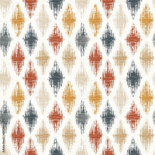 Seamless Pattern Boho Ikat Textile Design with Medallions and Arrow Motifs in Earthy Tones